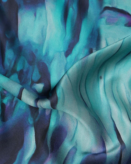 Teal Blue Abstract Print Pure Silk Satin Fabric, 140 Cms Width, South Korea-D25232