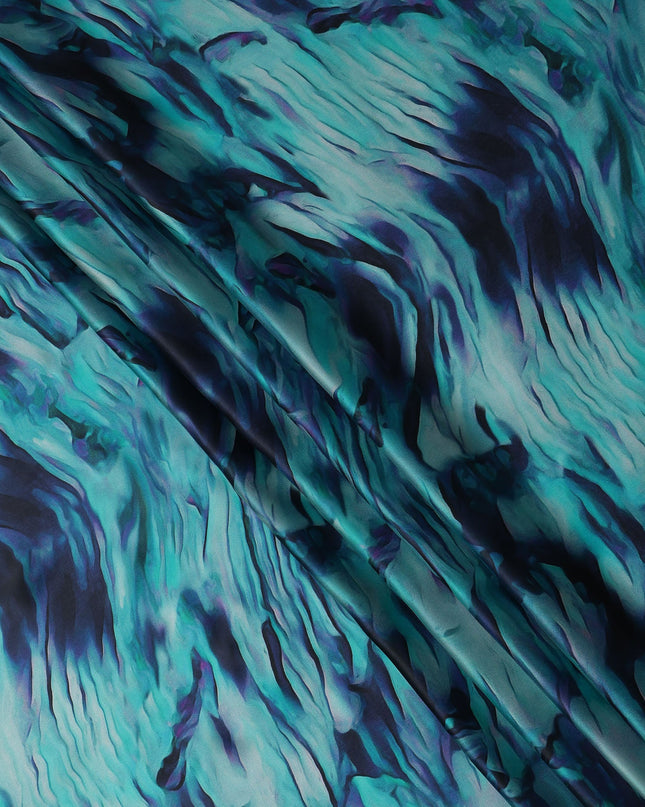 Teal Blue Abstract Print Pure Silk Satin Fabric, 140 Cms Width, South Korea-D25232
