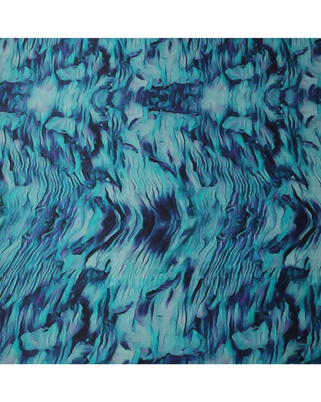 Teal Blue Abstract Print Pure Silk Satin Fabric, 140 Cms Width, South Korea-D25232