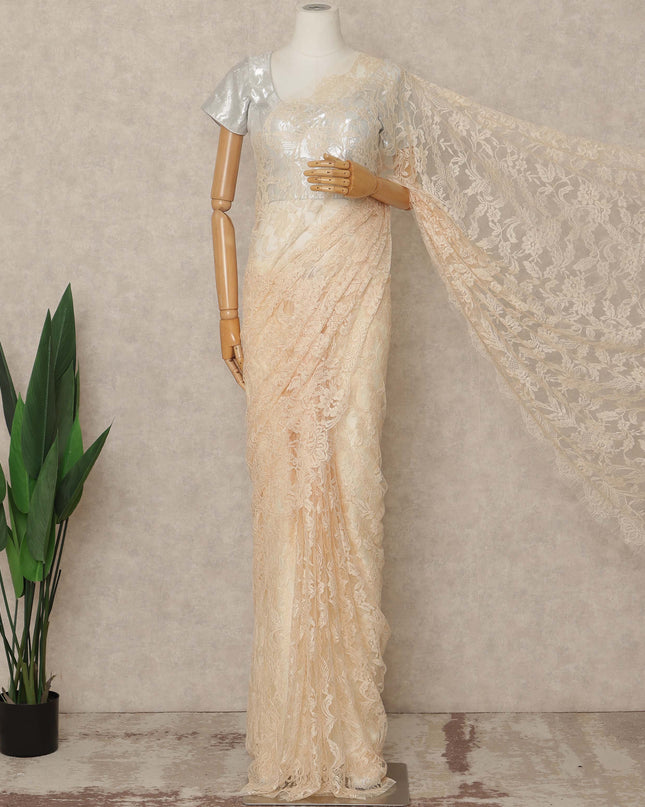 Ivory Peach Premium French 2 Tone Chantilly Saree Lace 5.5 Mtrs Length 110 Cms Width Designer Net Fabric Made In France, Blouse Not Included-D28120