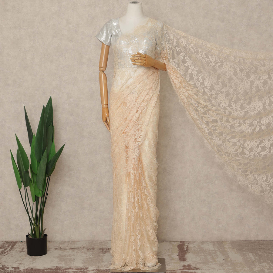 Ivory Peach Premium French 2 Tone Chantilly Saree Lace 5.5 Mtrs Length 110 Cms Width Designer Net Fabric Made In France, Blouse Not Included-D28120