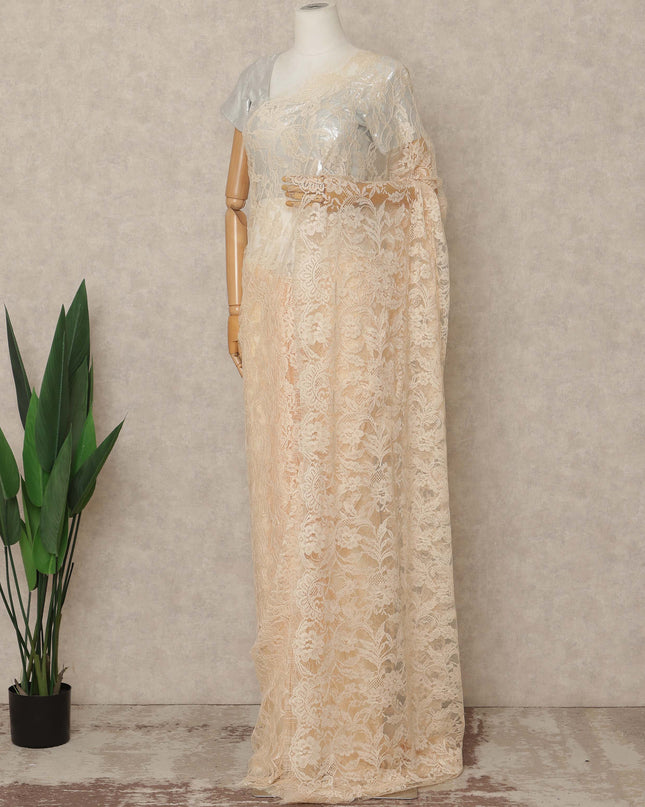 Ivory Peach Premium French 2 Tone Chantilly Saree Lace 5.5 Mtrs Length 110 Cms Width Designer Net Fabric Made In France, Blouse Not Included-D28120