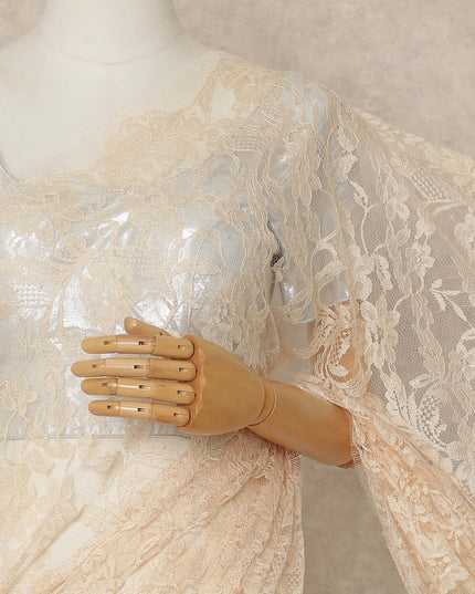 Ivory Peach Premium French 2 Tone Chantilly Saree Lace 5.5 Mtrs Length 110 Cms Width Designer Net Fabric Made In France, Blouse Not Included-D28120