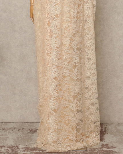 Ivory Peach Premium French 2 Tone Chantilly Saree Lace 5.5 Mtrs Length 110 Cms Width Designer Net Fabric Made In France, Blouse Not Included-D28120