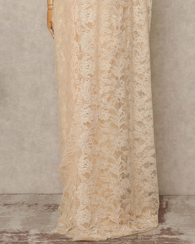 Ivory Peach Premium French 2 Tone Chantilly Saree Lace 5.5 Mtrs Length 110 Cms Width Designer Net Fabric Made In France, Blouse Not Included-D28120