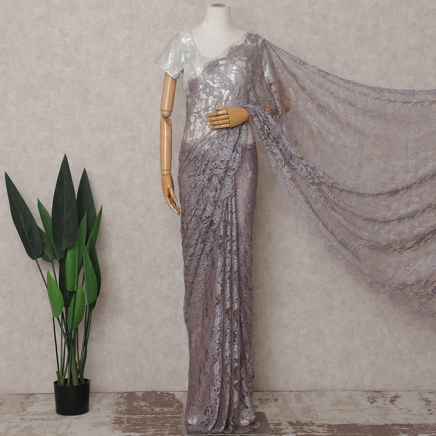 Dusty Lavender Grey French Chantilly Lace Saree