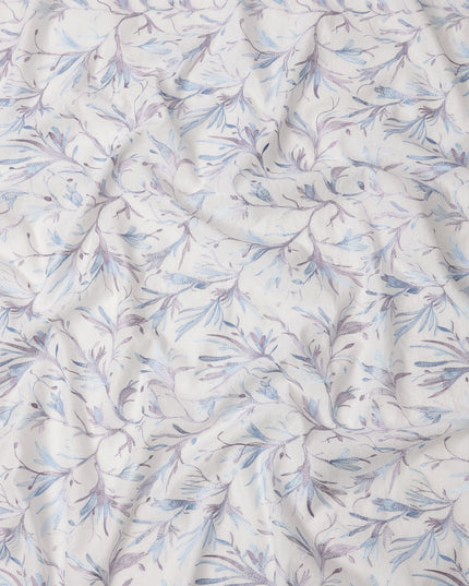 White Base Lavender and Blue Floral Leaf Embroidery Cotton Voile Fabric, 110 Cms, India-D24673
