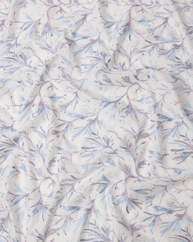 White Base Lavender and Blue Floral Leaf Embroidery Cotton Voile Fabric, 110 Cms, India-D24673