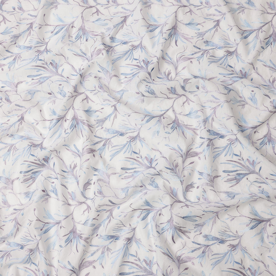 White Base Lavender and Blue Floral Leaf Embroidery Cotton Voile Fabric, 110 Cms, India-D24673