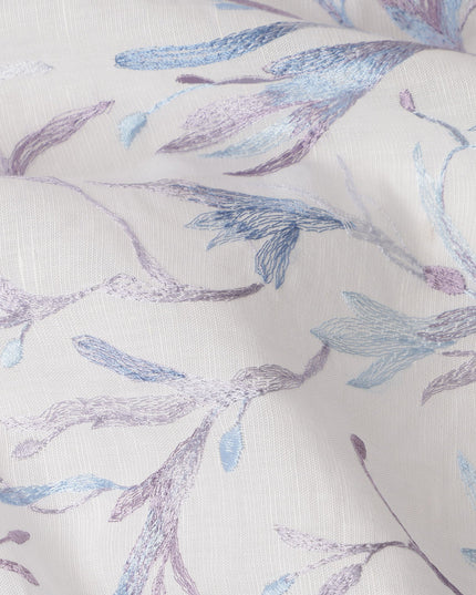 White Base Lavender and Blue Floral Leaf Embroidery Cotton Voile Fabric, 110 Cms, India-D24673