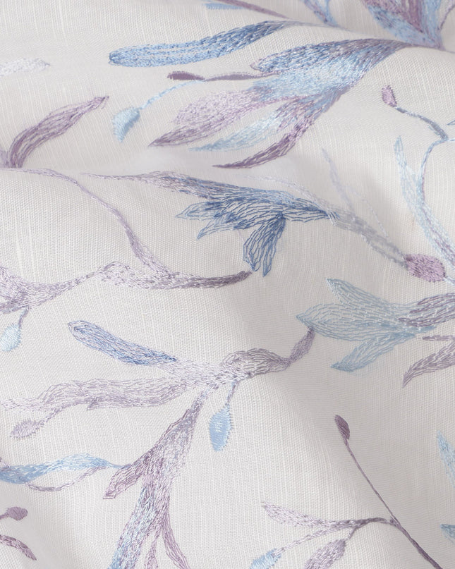 White Base Lavender and Blue Floral Leaf Embroidery Cotton Voile Fabric, 110 Cms, India-D24673