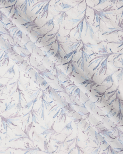White Base Lavender and Blue Floral Leaf Embroidery Cotton Voile Fabric, 110 Cms, India-D24673