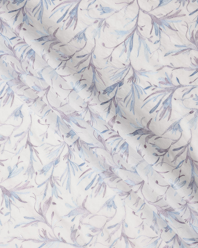White Base Lavender and Blue Floral Leaf Embroidery Cotton Voile Fabric, 110 Cms, India-D24673