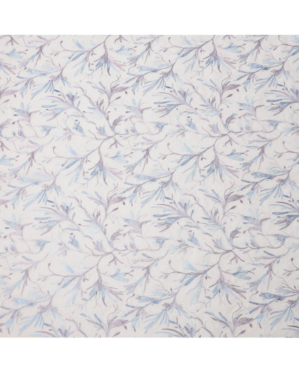 White Base Lavender and Blue Floral Leaf Embroidery Cotton Voile Fabric, 110 Cms, India-D24673