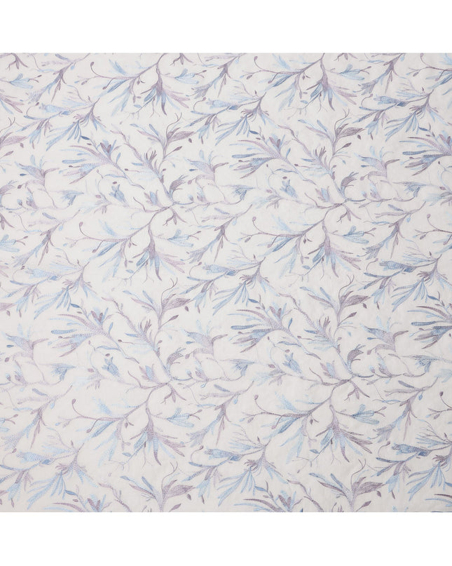 White Base Lavender and Blue Floral Leaf Embroidery Cotton Voile Fabric, 110 Cms, India-D24673