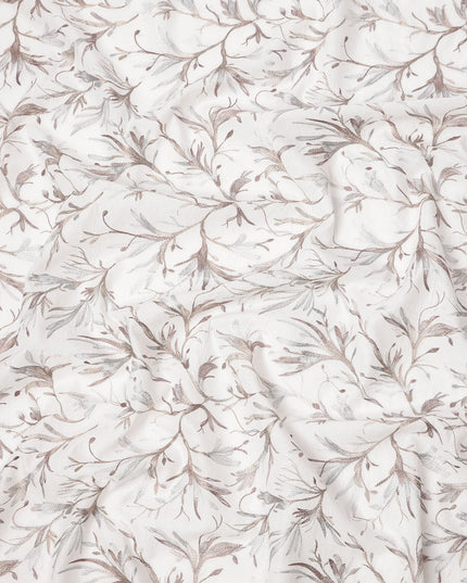 White Base with Subtle Brown and Grey Leaf Embroidery Cotton Voile Fabric, 110 Cms Width, India-D24671