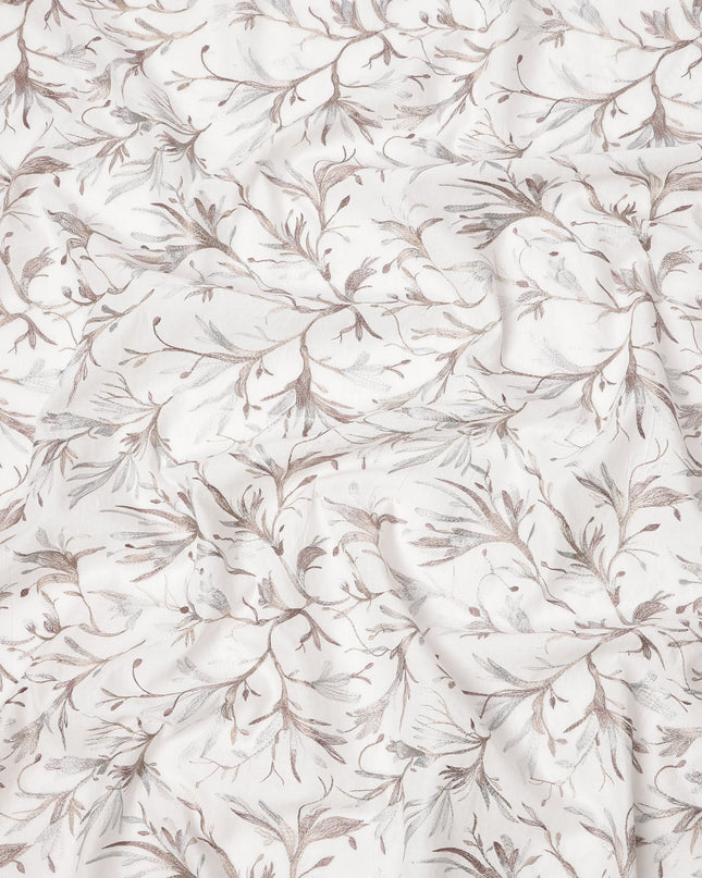 White Base with Subtle Brown and Grey Leaf Embroidery Cotton Voile Fabric, 110 Cms Width, India-D24671