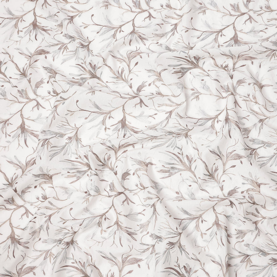 White Base with Subtle Brown and Grey Leaf Embroidery Cotton Voile Fabric, 110 Cms Width, India-D24671