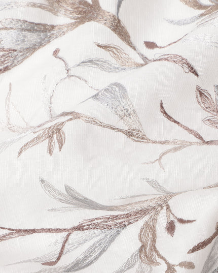 White Base with Subtle Brown and Grey Leaf Embroidery Cotton Voile Fabric, 110 Cms Width, India-D24671