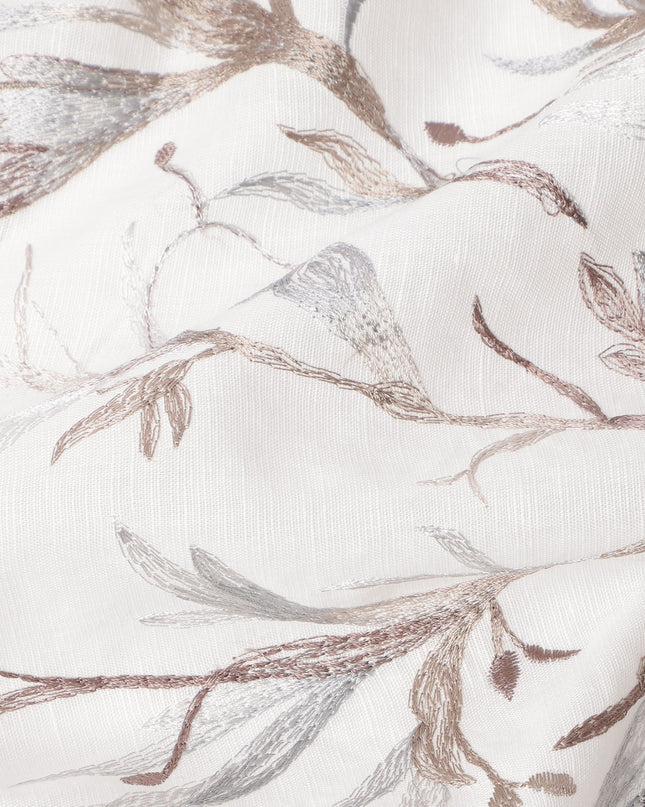 White Base with Subtle Brown and Grey Leaf Embroidery Cotton Voile Fabric, 110 Cms Width, India-D24671