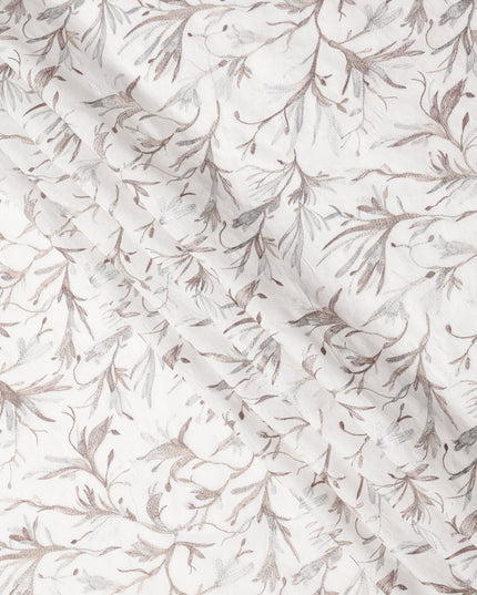 White Base with Subtle Brown and Grey Leaf Embroidery Cotton Voile Fabric, 110 Cms Width, India-D24671