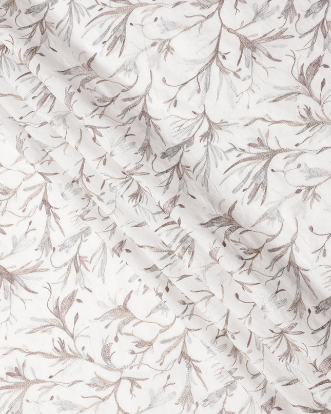 White Base with Subtle Brown and Grey Leaf Embroidery Cotton Voile Fabric, 110 Cms Width, India-D24671