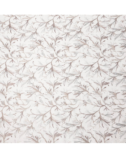 White Base with Subtle Brown and Grey Leaf Embroidery Cotton Voile Fabric, 110 Cms Width, India-D24671