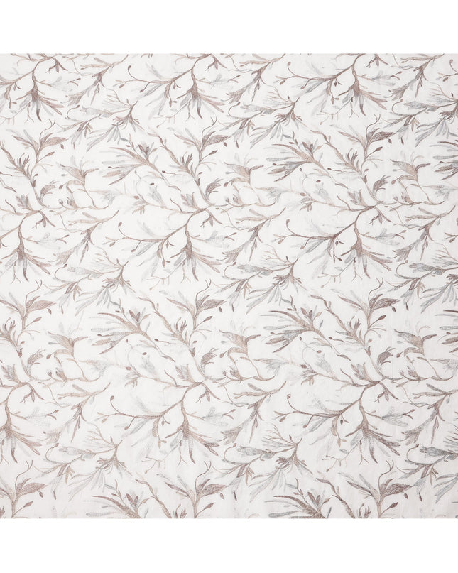 White Base with Subtle Brown and Grey Leaf Embroidery Cotton Voile Fabric, 110 Cms Width, India-D24671