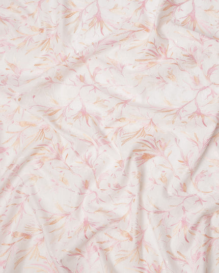 White Base with Pink and Peach Floral Leaf Embroidery Cotton Voile Fabric, 110 Cms Width, India-D24672