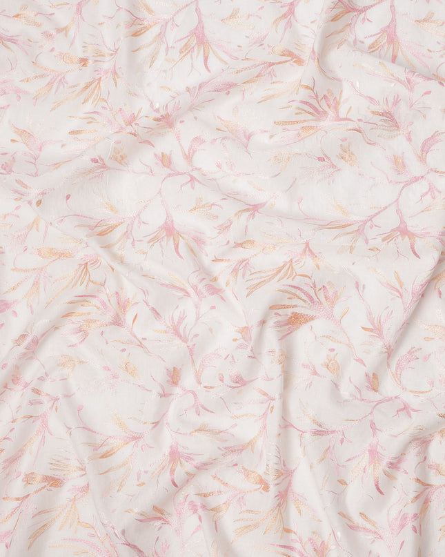 White Base with Pink and Peach Floral Leaf Embroidery Cotton Voile Fabric, 110 Cms Width, India-D24672