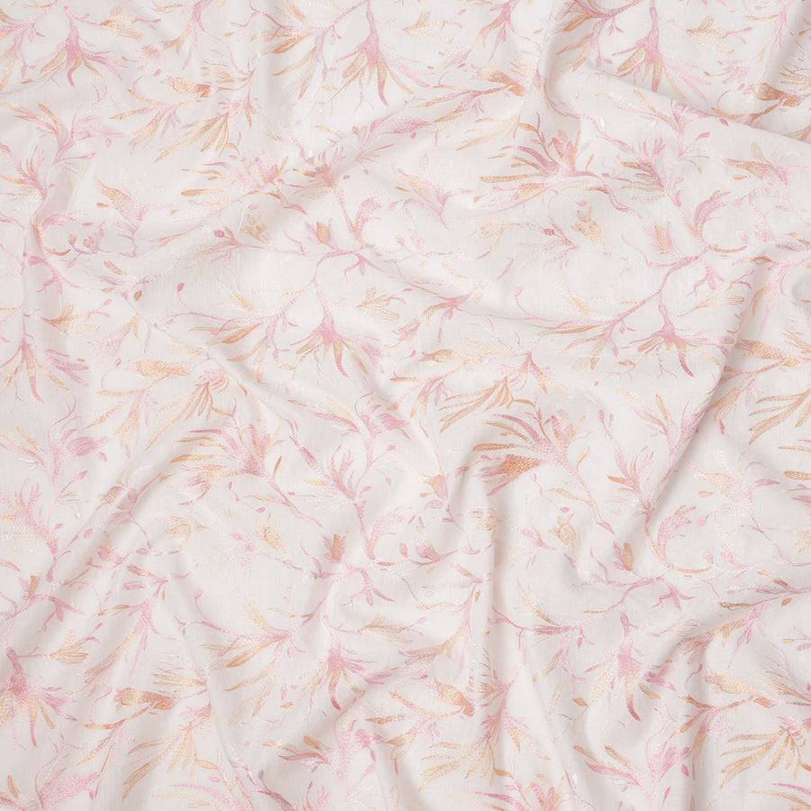 White Base with Pink and Peach Floral Leaf Embroidery Cotton Voile Fabric, 110 Cms Width, India-D24672