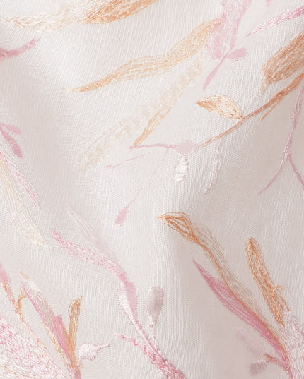 White Base with Pink and Peach Floral Leaf Embroidery Cotton Voile Fabric, 110 Cms Width, India-D24672