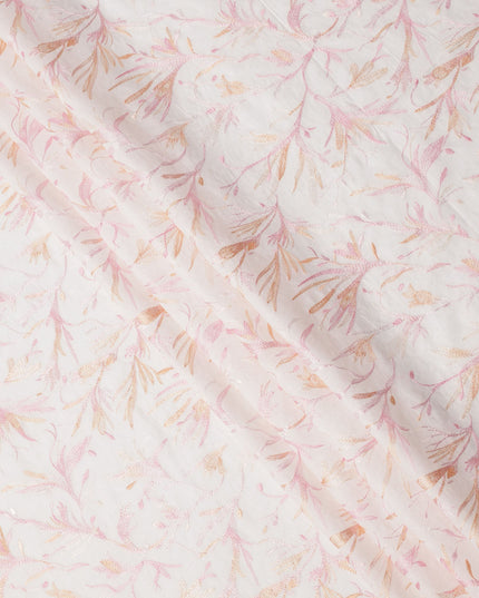 White Base with Pink and Peach Floral Leaf Embroidery Cotton Voile Fabric, 110 Cms Width, India-D24672