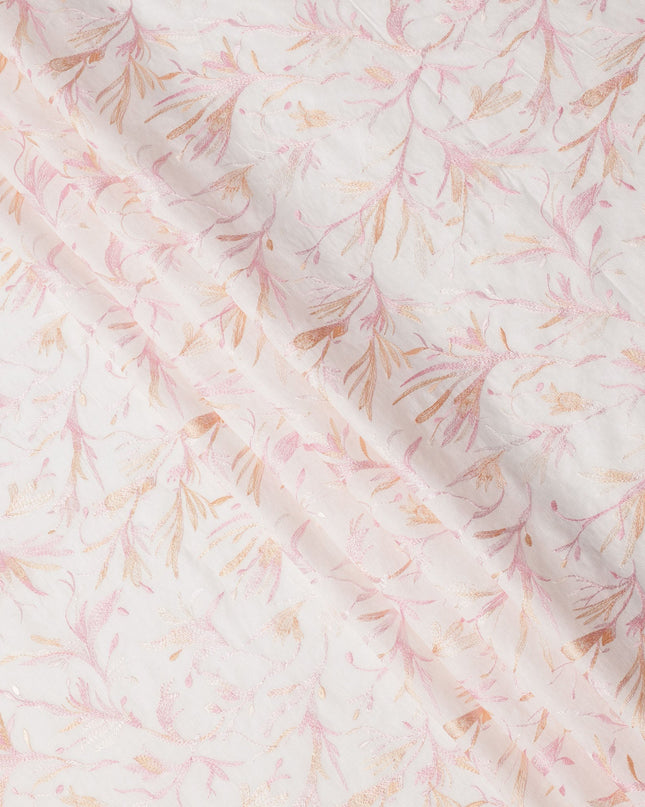 White Base with Pink and Peach Floral Leaf Embroidery Cotton Voile Fabric, 110 Cms Width, India-D24672