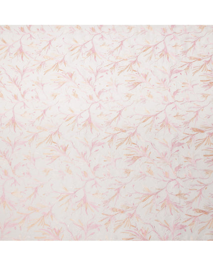 White Base with Pink and Peach Floral Leaf Embroidery Cotton Voile Fabric, 110 Cms Width, India-D24672