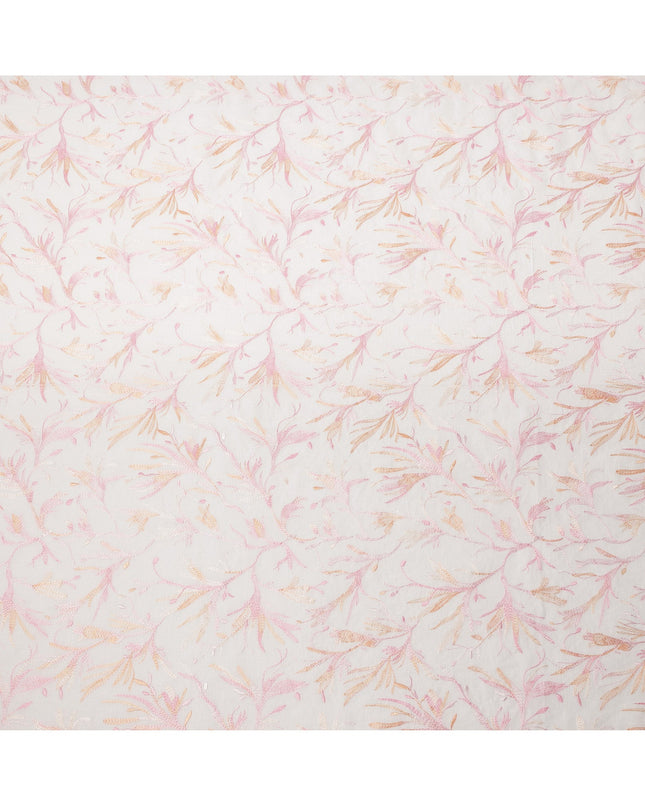 White Base with Pink and Peach Floral Leaf Embroidery Cotton Voile Fabric, 110 Cms Width, India-D24672