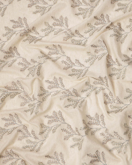 Beige Base Subtle Floral Stem Embroidery Cotton Voile Fabric, 110 Cms, India-D24674