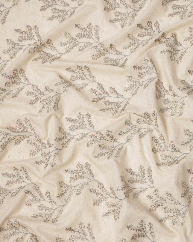 Beige Base Subtle Floral Stem Embroidery Cotton Voile Fabric, 110 Cms, India-D24674