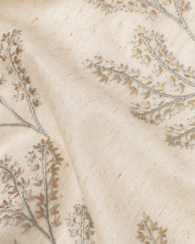 Beige Base Subtle Floral Stem Embroidery Cotton Voile Fabric, 110 Cms, India-D24674