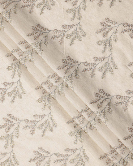 Beige Base Subtle Floral Stem Embroidery Cotton Voile Fabric, 110 Cms, India-D24674