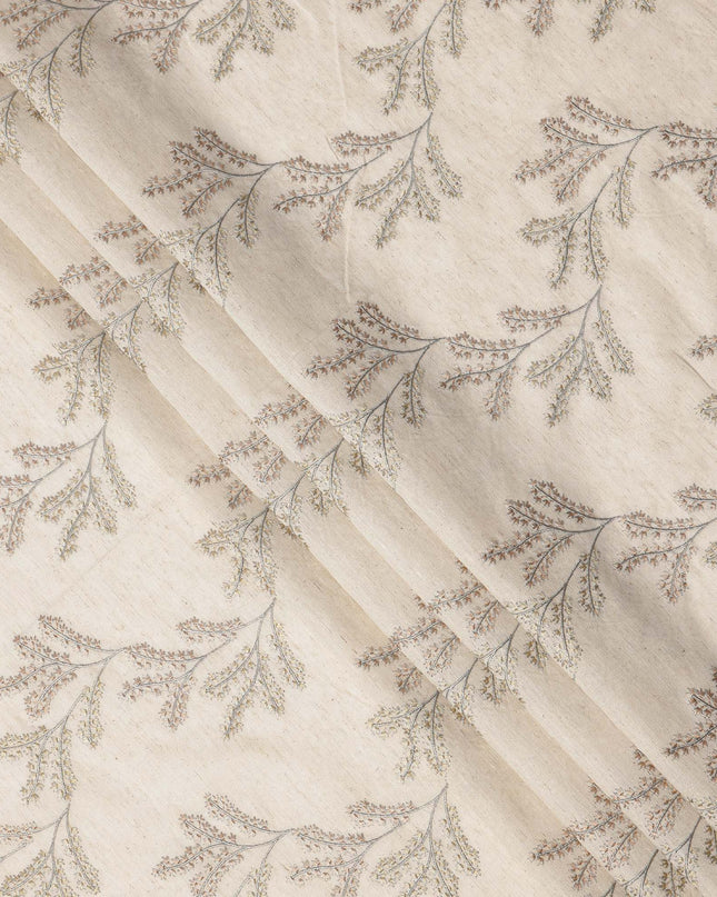 Beige Base Subtle Floral Stem Embroidery Cotton Voile Fabric, 110 Cms, India-D24674