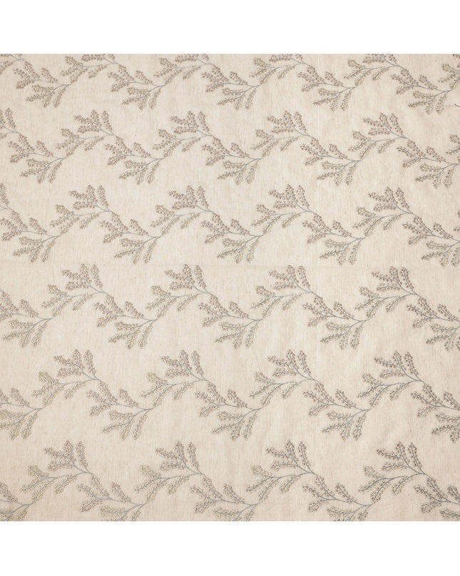 Beige Base Subtle Floral Stem Embroidery Cotton Voile Fabric, 110 Cms, India-D24674
