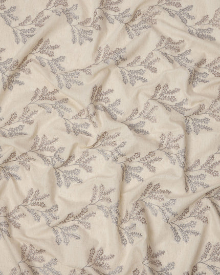 Beige Base Multi-Tone Floral Stem Embroidery Cotton Voile Fabric, 110 Cms, India-D24675