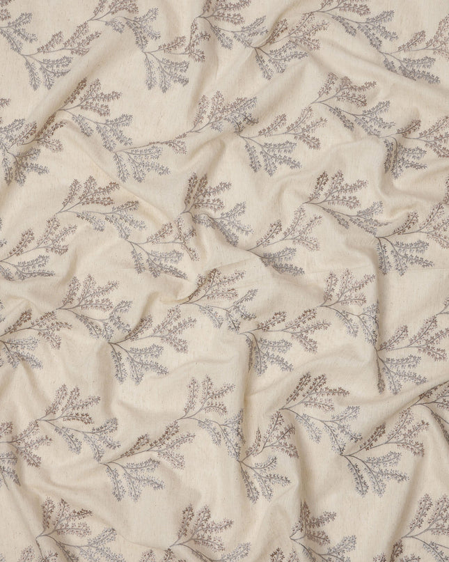 Beige Base Multi-Tone Floral Stem Embroidery Cotton Voile Fabric, 110 Cms, India-D24675