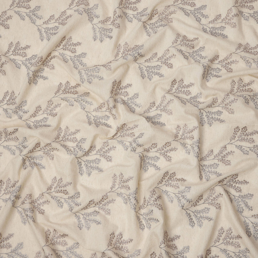Beige Base Multi-Tone Floral Stem Embroidery Cotton Voile Fabric, 110 Cms, India-D24675