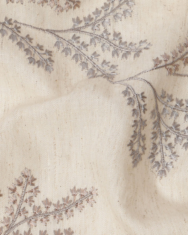 Beige Base Multi-Tone Floral Stem Embroidery Cotton Voile Fabric, 110 Cms, India-D24675