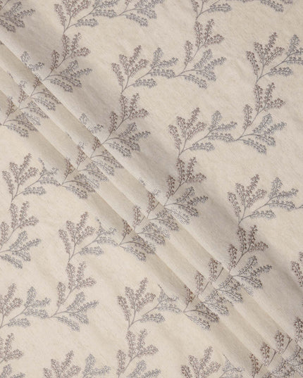 Beige Base Multi-Tone Floral Stem Embroidery Cotton Voile Fabric, 110 Cms, India-D24675