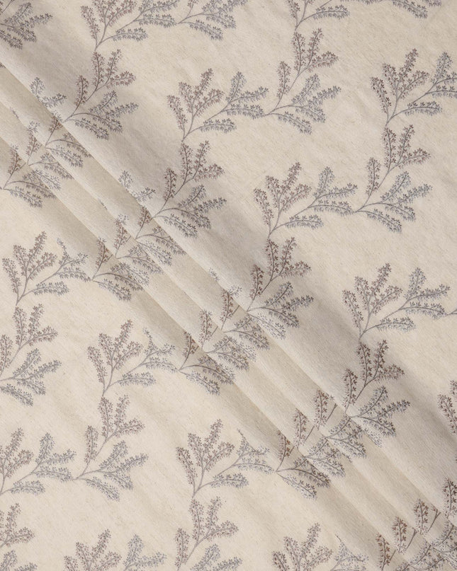 Beige Base Multi-Tone Floral Stem Embroidery Cotton Voile Fabric, 110 Cms, India-D24675