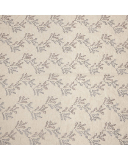 Beige Base Multi-Tone Floral Stem Embroidery Cotton Voile Fabric, 110 Cms, India-D24675