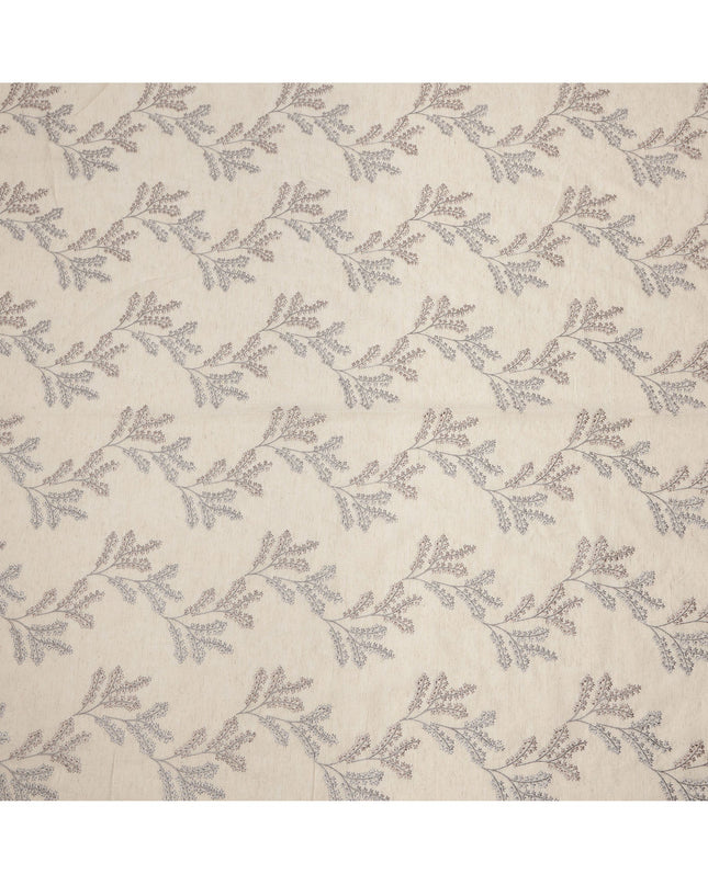 Beige Base Multi-Tone Floral Stem Embroidery Cotton Voile Fabric, 110 Cms, India-D24675